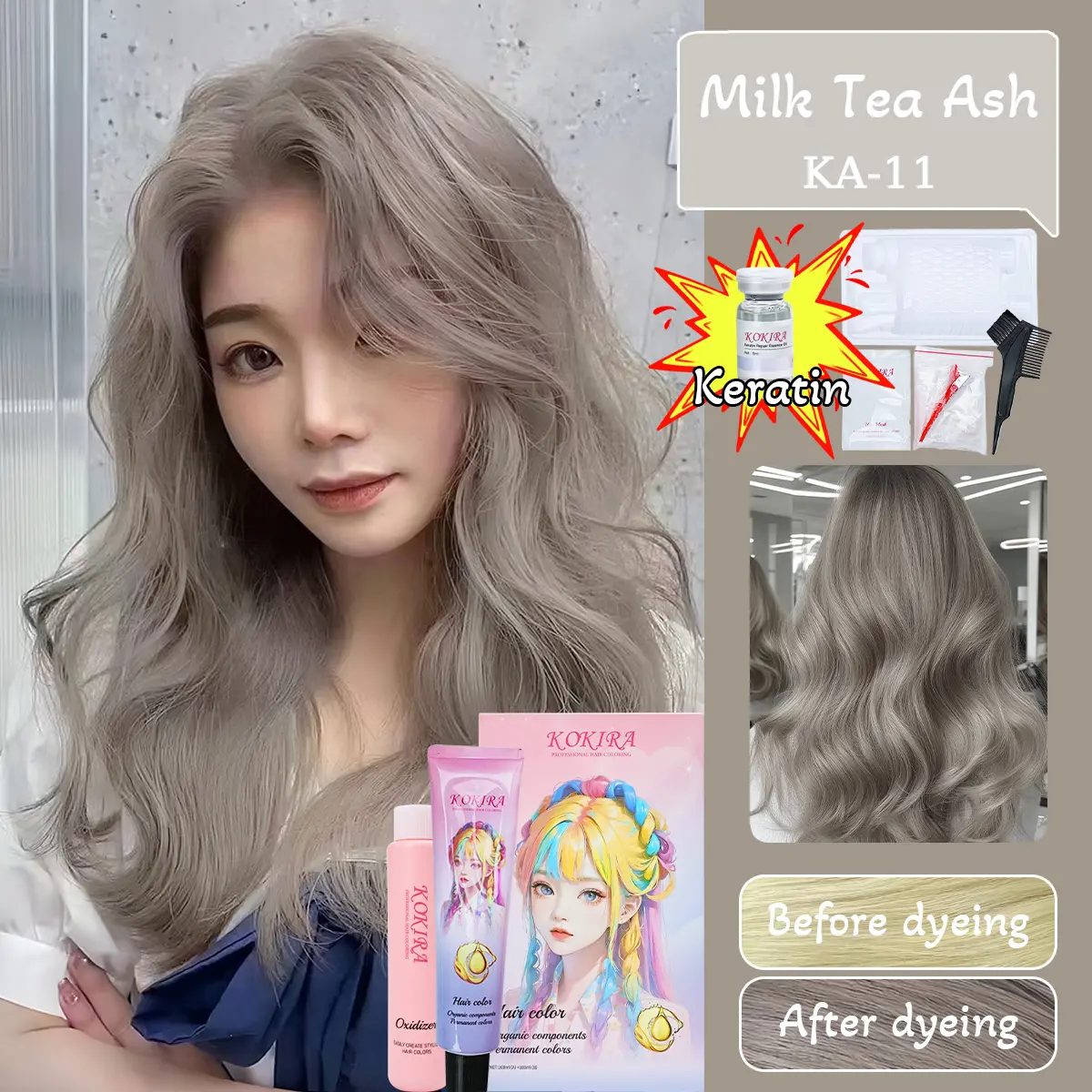 KOKIRA hair color Milk Tea Ash-11 200ml+Hair care essential oil cat rambut pewarna rambut warna rambut tanpa bleaching KOKIRA hair color Milk Tea Ash-11 200ml+Hair care essential oil cat rambut pewarna rambut warna rambut tanpa bleaching
