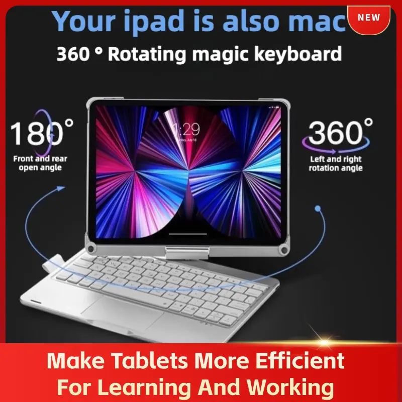 Hot Wireless Bluetooth 360 Rotating Keyboard Case for iPad 10th Gen 10.9inch / 2024 iPad Air 6 11inch / iPad Pro 11inch / 12.9 Pro 11 Mini 6 9th Gen with Touch 7 Colors Backlit Tablet Protective Case