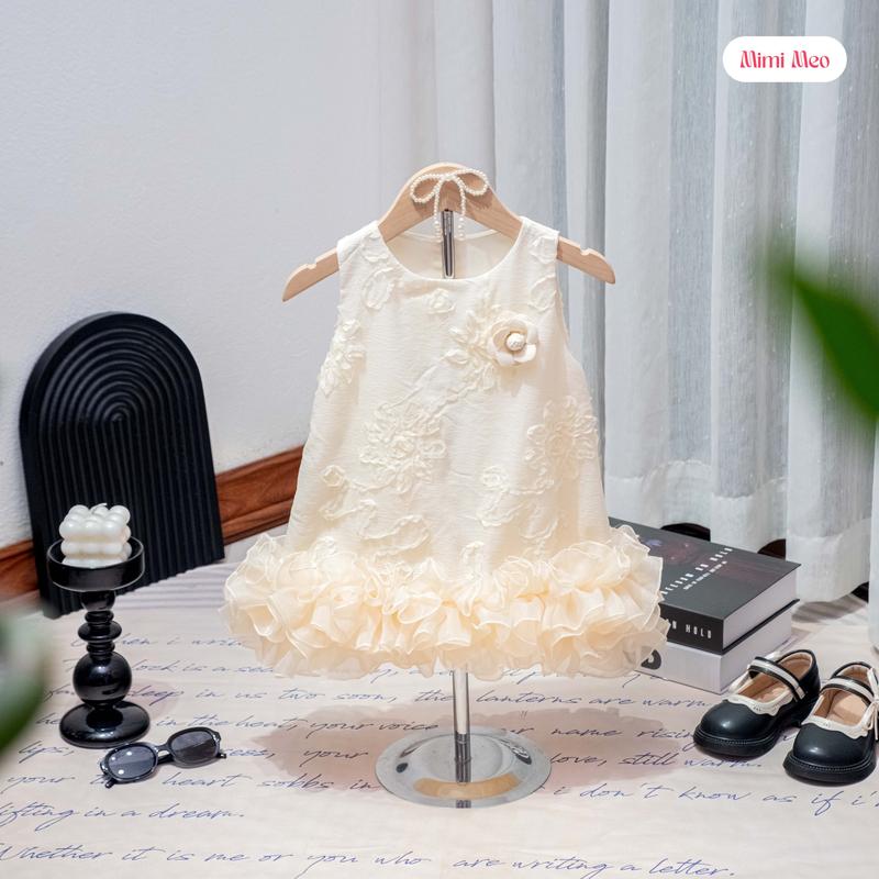 [Mimi Meo - TD312] Váy bé gái 9-34kg - Đầm dáng xoè vải đũi hoa thêu kem/xanh