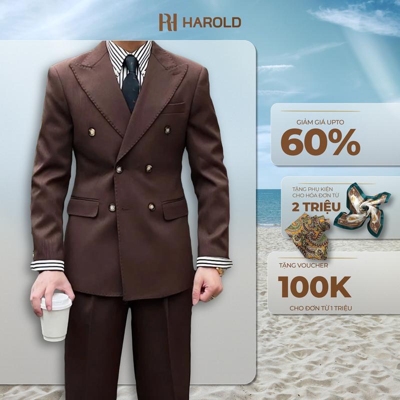 Suit Jacket Nam Harold Nhung Tăm Hallstatt Màu Nâu Và Be - Suit Công Sở, Đi Tiệc 2 Hàng Khuy Thiết Kế Sang Trọng Chống Nhăn