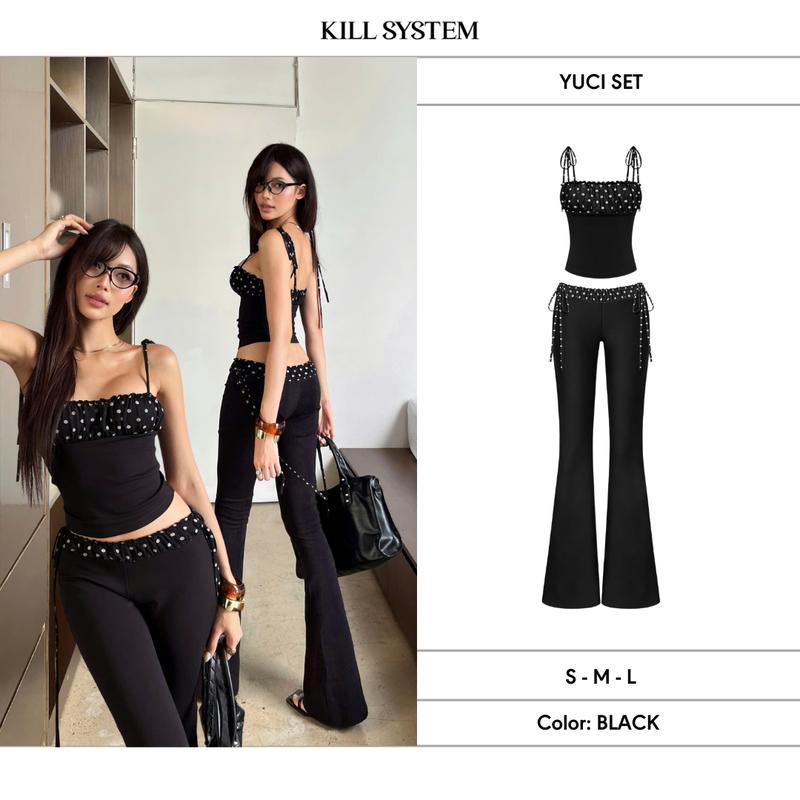  CÓ TÁCH LẺ  Set áo 2 dây và quần ống loe chấm bi ôm body YUCI -  KILL SYSTEM 