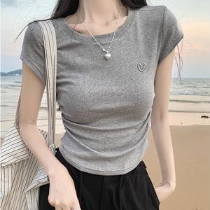 Summer Solid Color Embroidered Round Neck Short Sleeve T-Shirt, Waist Pleated Cinched Slim Fit Elastic Top, Youthful Style 1467# Womenswear Streetwear Casual Basic Crewneck Minimalist