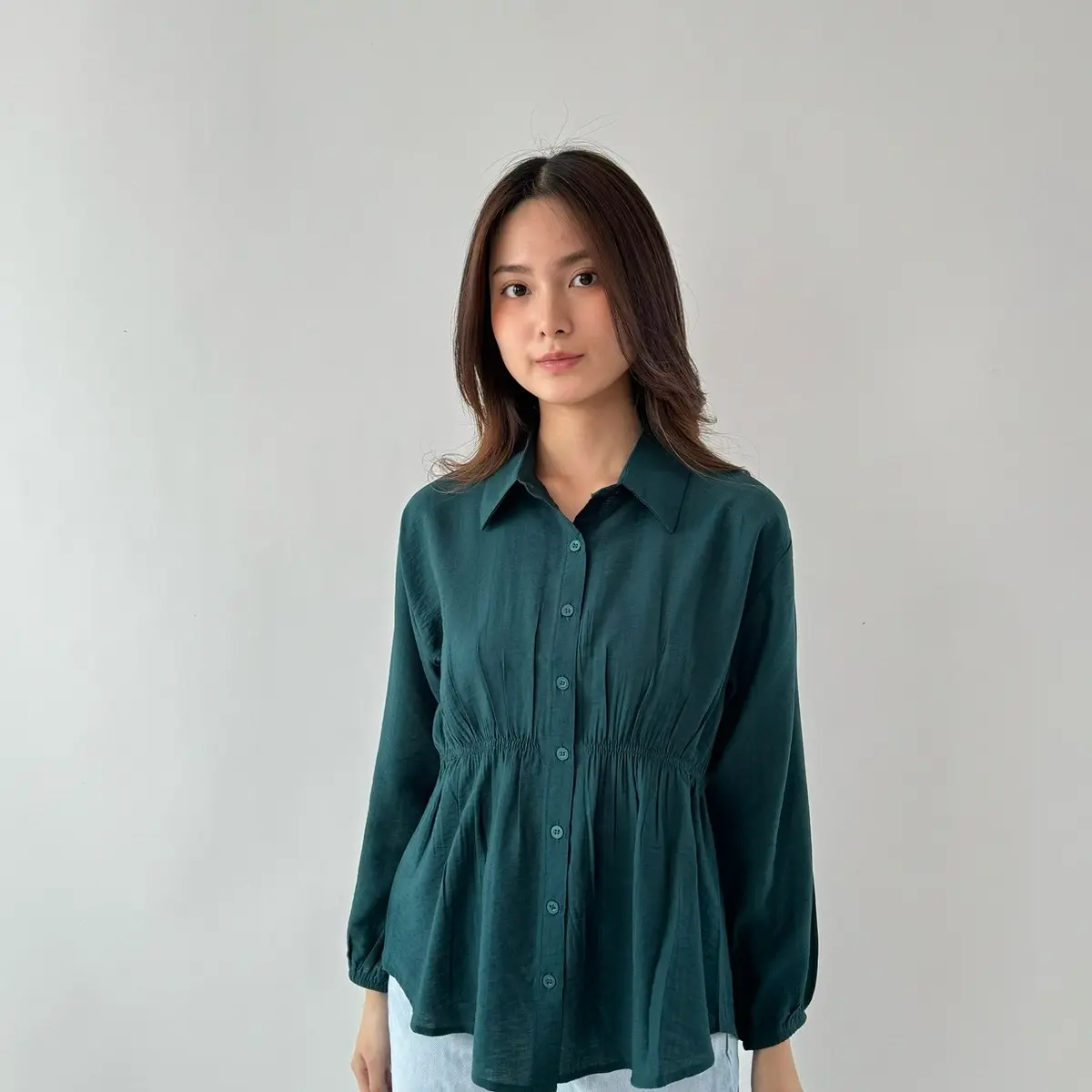 Kiara Shirt | Kemeja kerut pinggang polo linen halus anti kusut Wanita Nyaman