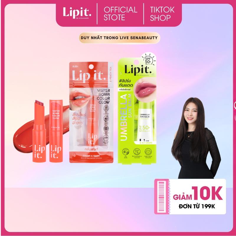 LIVE Sena COMBO Son Dưỡng Chống Nắng LIPIT Umbrella Sun Balm SPF50+ PA++++ #01 & Son Dưỡng Bóng LIPIT Water Bomb Color Glow 3g #02