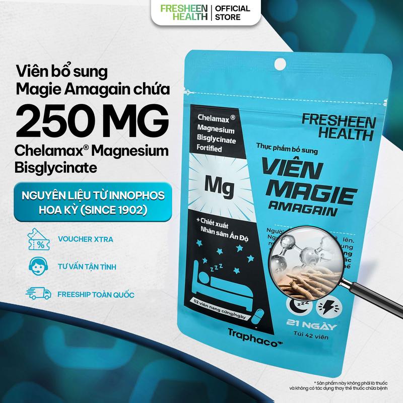 Viên bổ sung Magie AMAGAIN bổ sung Chelamax Magie Bisglycinate nhập khẩu Mỹ | phân phối bởi Fresheen Health