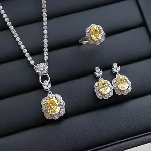 IS61Y Cincin terbuka berlian penuh kristal kuning simulasi zirkon telur merpati, set liontin anting temperamen wanita