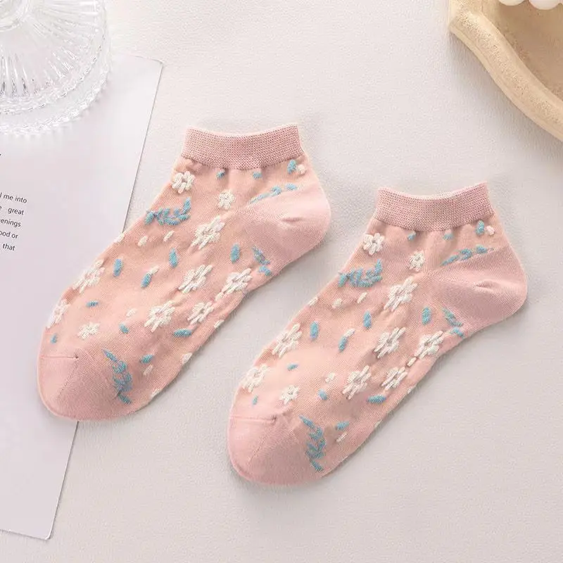 Kaos Kaki Wanita Korean Fashion Motif Flower Warna Pink Semata Kaki - KK1434 Ankle 6
