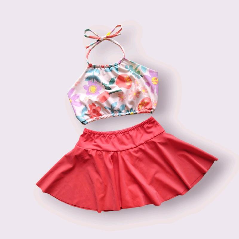  Bộ đồ bơi hai mảnh bé gái cổ yếm kết hợp quần váy kín dáo Bikini trẻ em áo tắm bé gái 