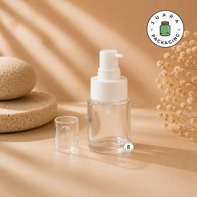 Botol Pump 20ml Kaca Bening Transparan dengan Tutup Pump – Botol Kosmetik Kaca Tebal Elegan untuk Serum, Skincare, Essence, Lotion, Wadah Refill Travel Size 20 ml