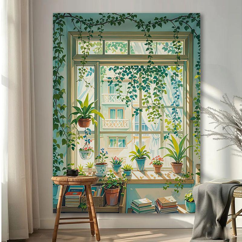 Vải nền hoa phong cảnh cửa sổ, phong cách Instagram, màu ấm, vải treo, thích hợp cho phòng, phòng ngủ, ký túc xá, phòng Khách, vải treo tường trang trí Studio 0