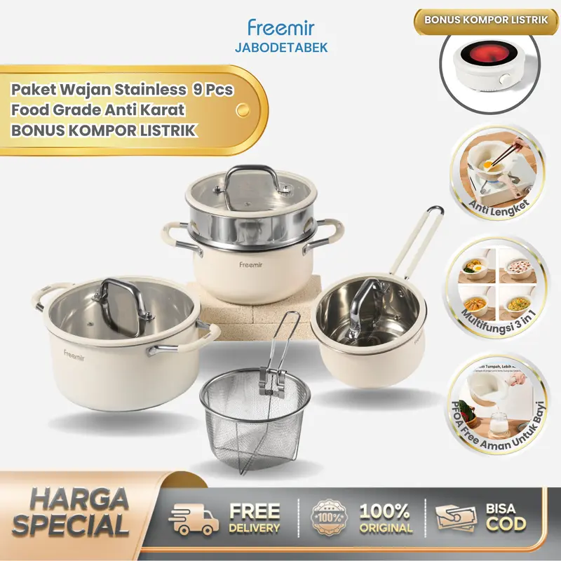 [LIVE] freemir Set Wajan Stainless 304 & 201 Food Grade Anti Karat BONUS KOMPOR LISTRIK 9 Pcs Beige 22/20/20/16/15cm Wajan Anti Lengket Alat Masak Penggorengan Lengkap Masak Gulai Kitchenware 0