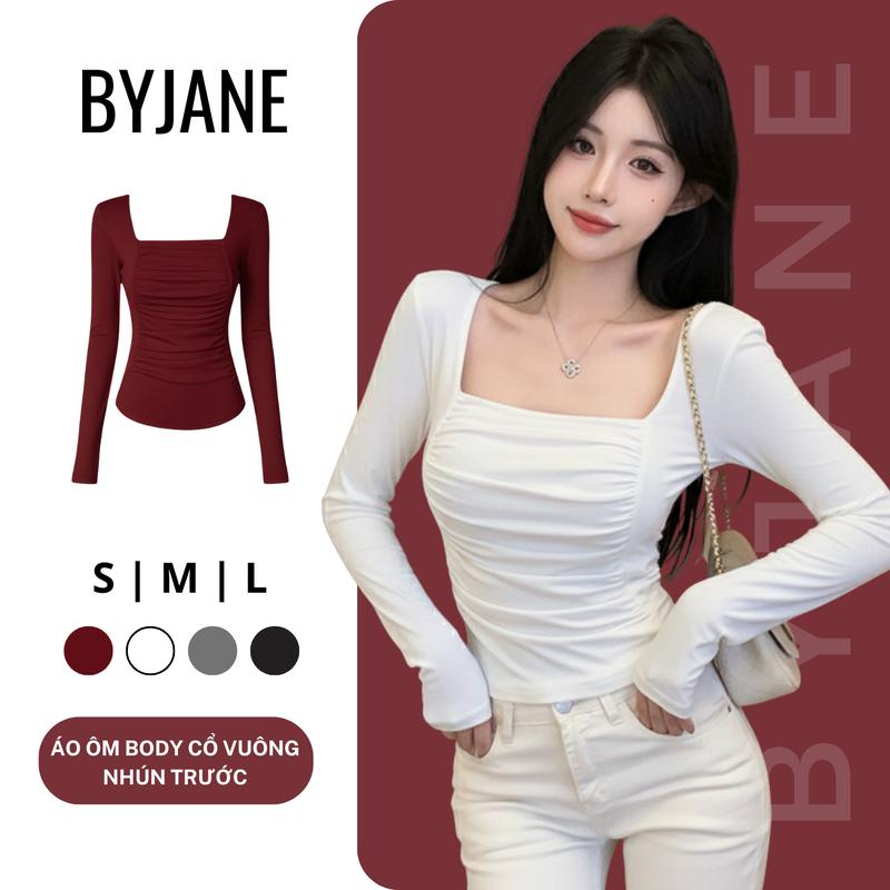 MỞ BÁN Áo Thun Nữ Dài Tay Ôm Body Cổ Vuông Nhún Trước Chất Thun Mịn Co Dãn BYJANE - 711