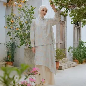 HijabChic Rafika Mist Blue Top - Atasan Lebaran Wanita Motif Floral Pastel Modern Elegan