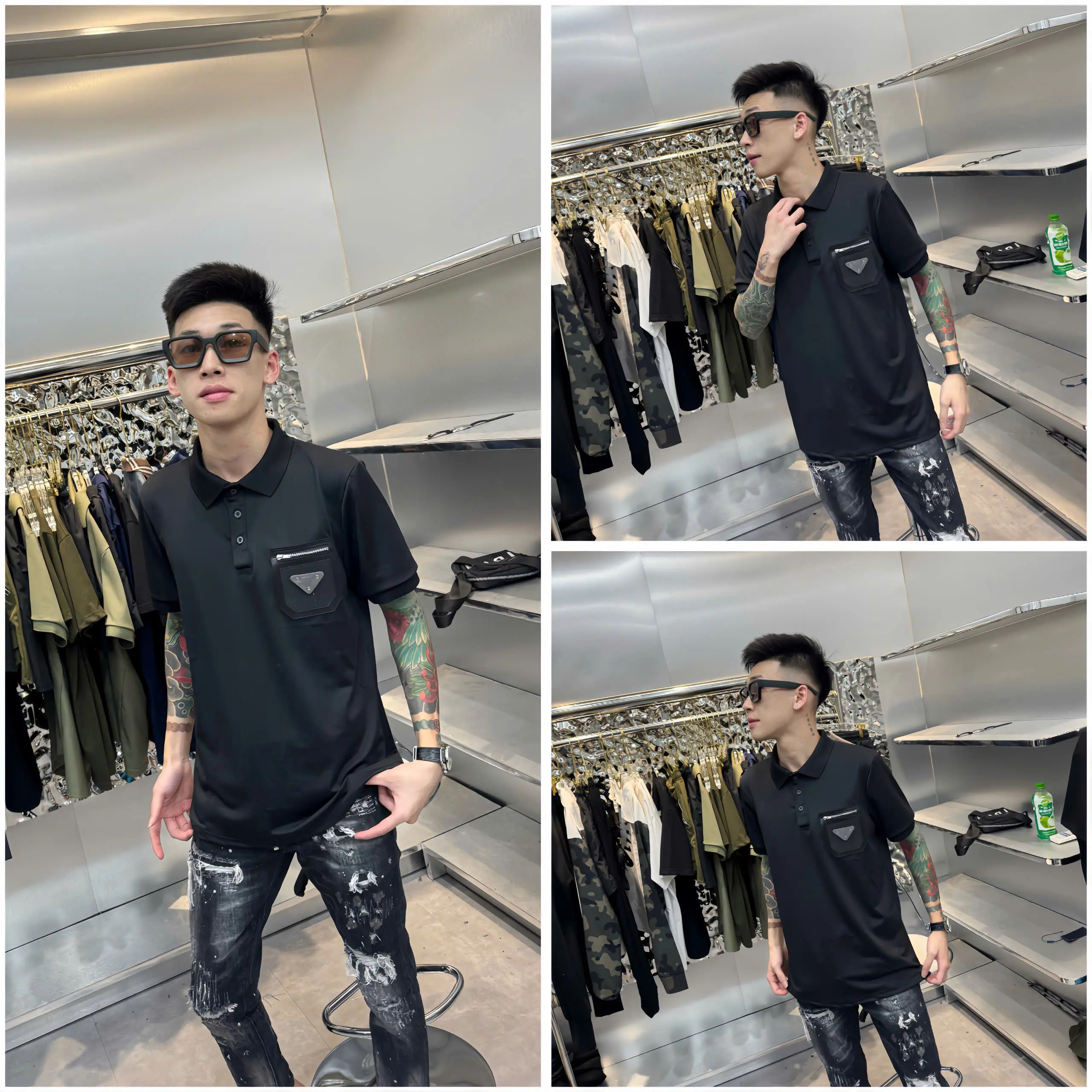 Áo Polo Nam PL016 Chất Liệu Vải Gai Họa Tiết Phối Túi Da Mix Khóa Cổ Dệt Kim Thời Trang Nam