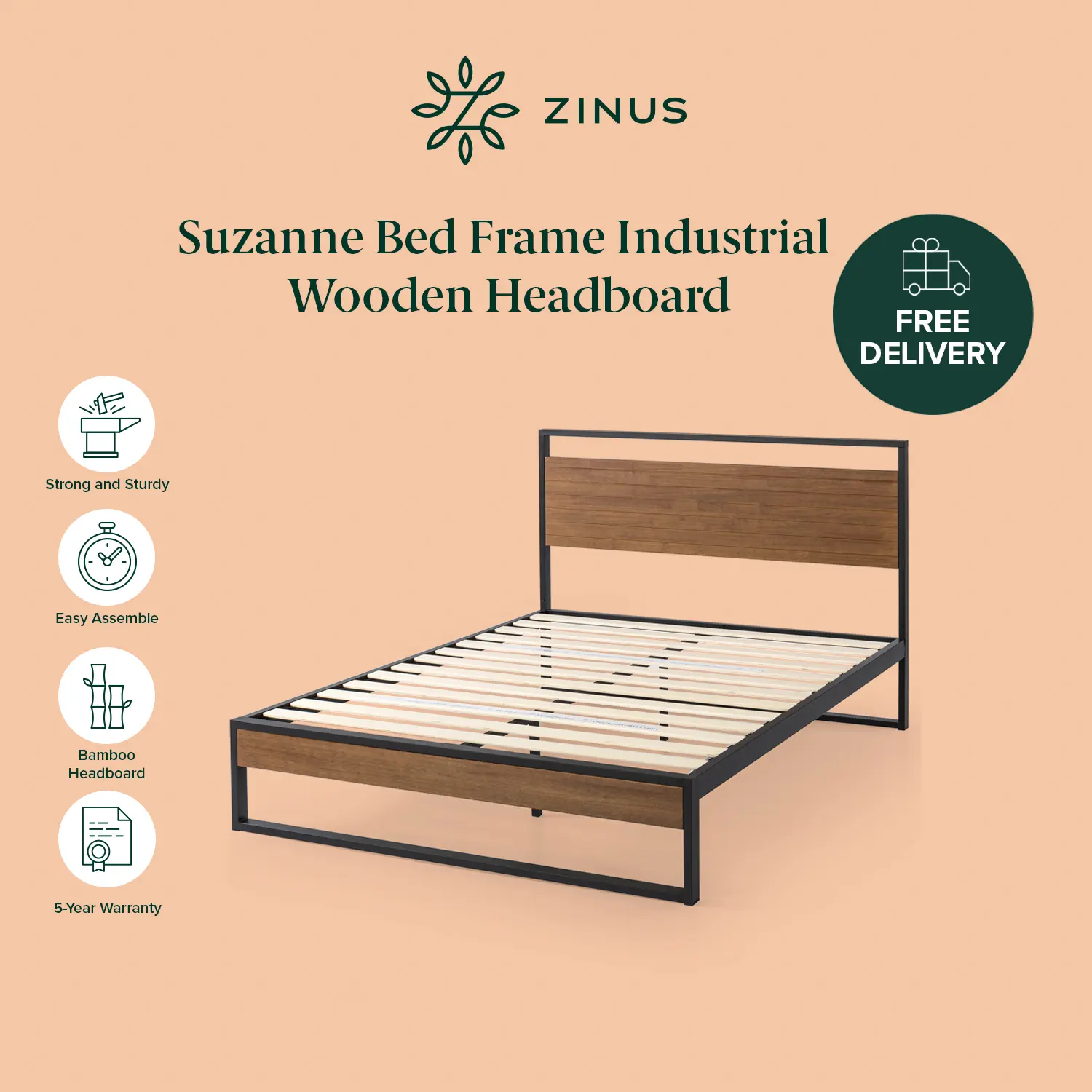 Bed Frame Zinus Suzanne Low Metal Wooden Headboard