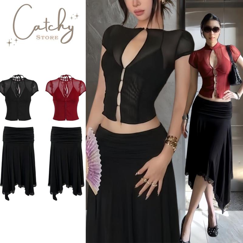Set Áo Lưới Nữ Tay Bồng Cut Out Giọt Nước Đính Khoen Kèm Chân Váy Midi Tà Lệch Viền Ren Dark Feminine Y2K CATCHYstore