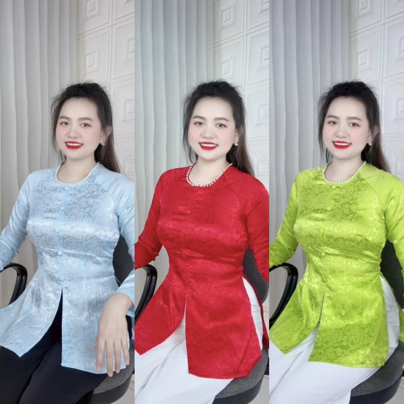 O1 ÁO LẺ Bà Ba Vải Lụa Gấm Truyền Thống Cổ Tròn Tay Dài Nút Ngọc Dây Kéo Mềm Mịn