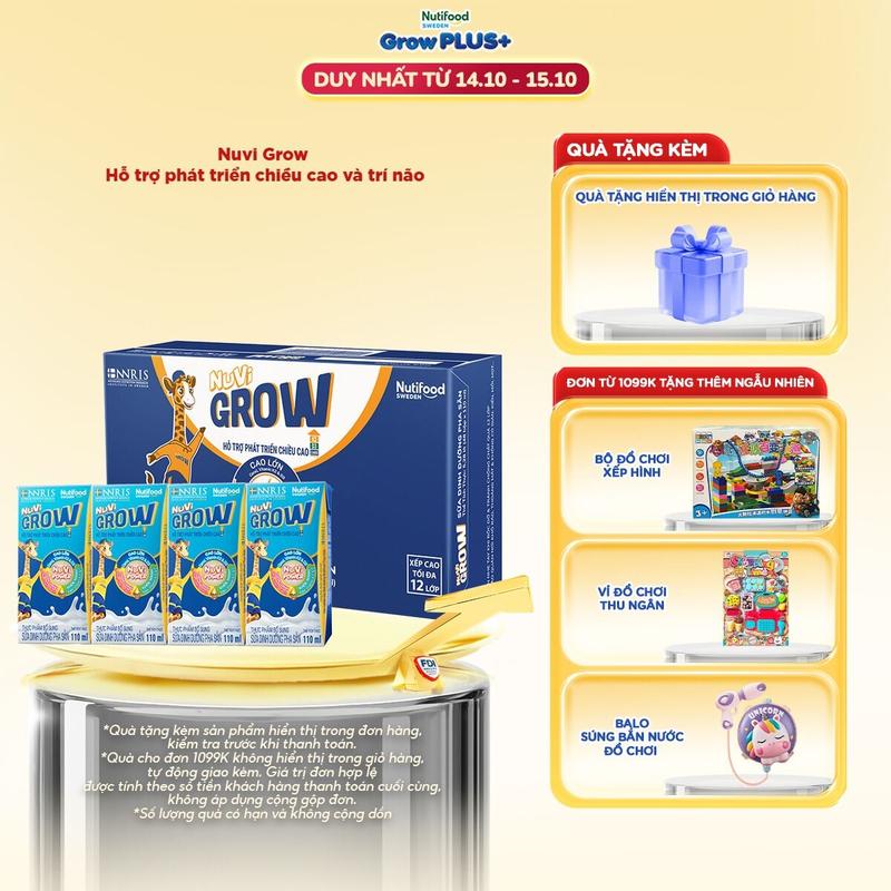 [CHỌN PHÂN LOẠI] Thùng 48 hộp x 110ml Sữa Bột Pha Sẵn Nuvi Grow - hỗ trợ phát triển chiều cao- Link chính