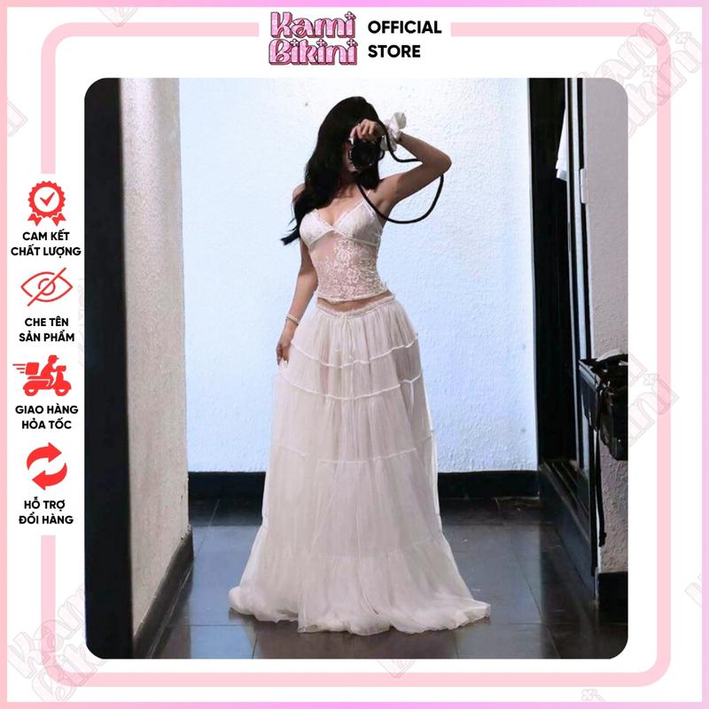 Set váy đi biển KAMI, Chân váy dài xòe kèm quần trong đi biển màu trắng, mix áo phối ren - SV02