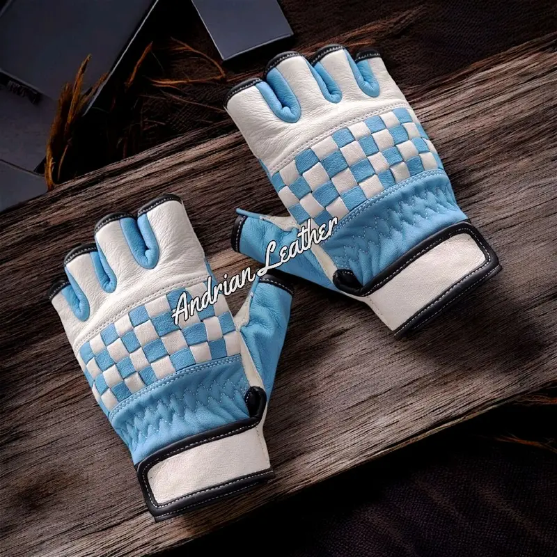 Sarung Tangan Motor Checkerboard Kulit Asli Retro klasik Pendek Setengah Jari Corak Catur warna untuk pria wanita 1