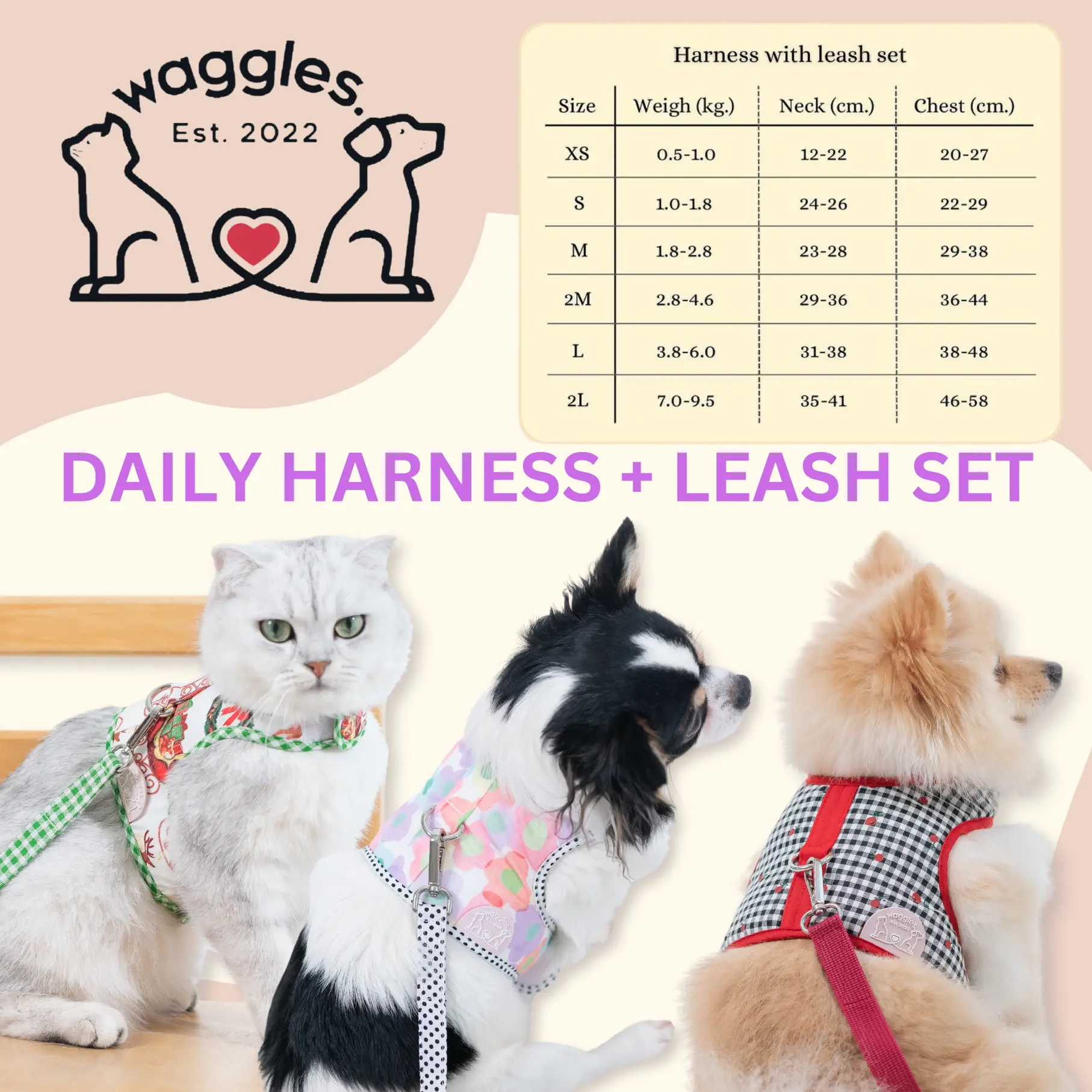 Harness & Leash Set for Dog Cat Rabbit Daily Wear - Light and Strong | Waggles | Petsboutique