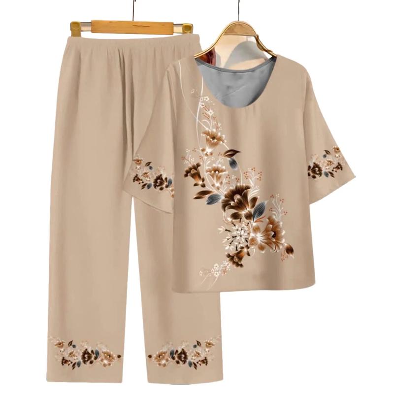 Bộ Đồ Trung Niên Vải Lụa Mềm Mát, Cổ Tròn, Quần 9 Tấc, Form Rộng, Đủ Size, Hoa Nhí Sang Trọng tặng Mẹ tặng Bà