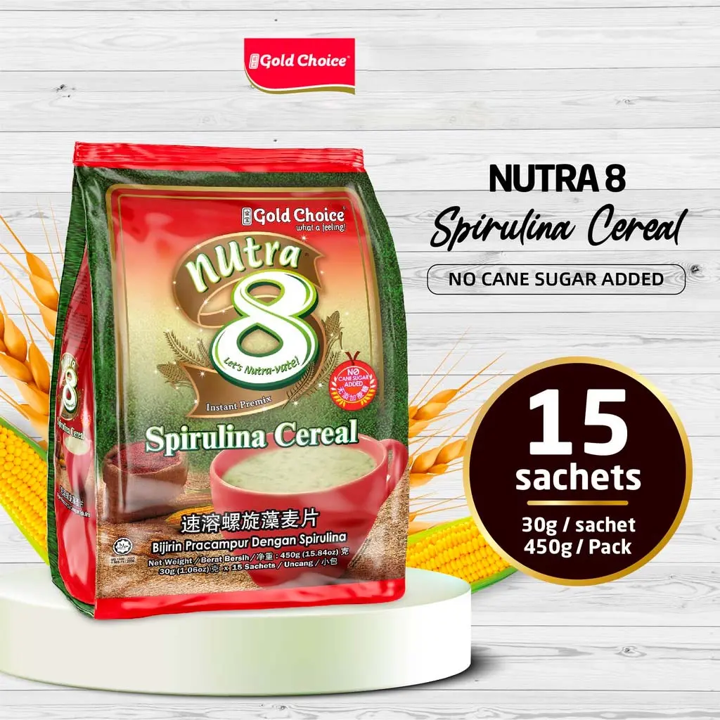 Gold Choice Nutra8 Unsweetened Spirulina Cereal (No Cane Sugar Added) Instant Breakfast Food