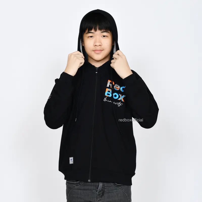 Sweater Jaket Hoodie Anak Laki Laki Remaja Tanggung Junior Katun Fleece Distro Hitam REDBOX Original 3