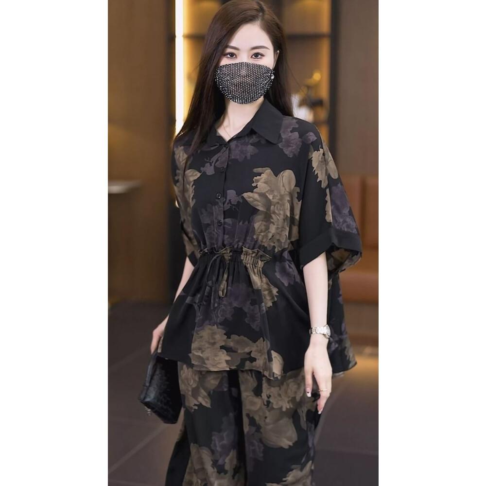 FADFAD setelan wanita atasan berkerah lengan model kelelawar dengan celana panjang motif bunga