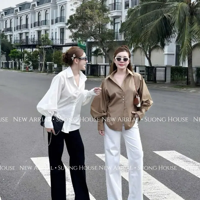ÁO SƠ MI TAY BỒNG ĐÍNH KHUY NGỌC - HÀNG QCCC
