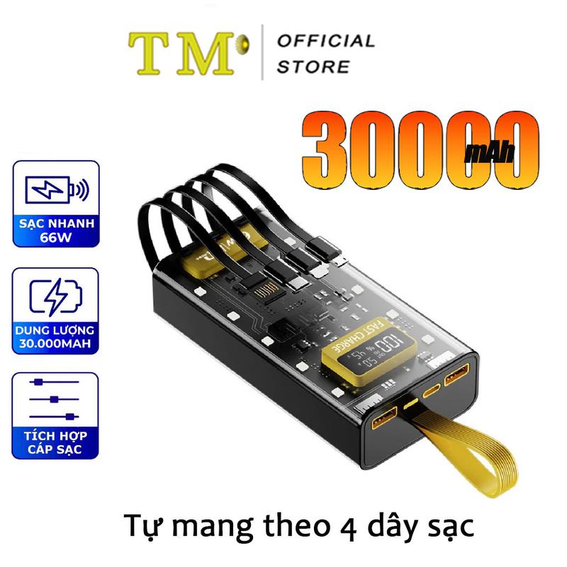  【Giới thiệu 30000mAh Sạc Dự Phòng 20000mAh 30000mAh BILLION PK101 Sạc Nhanh Trong Suốt PD 120W Tích Hợp 4 Cáp Sạc Và Đèn Led 