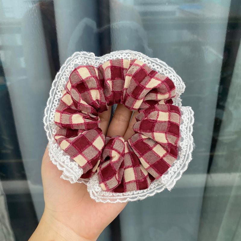 Dây Buộc Tóc Scrunchies Họa Tiết Caro Viền Ren Trắng Tiểu Thư, Nữ Tính