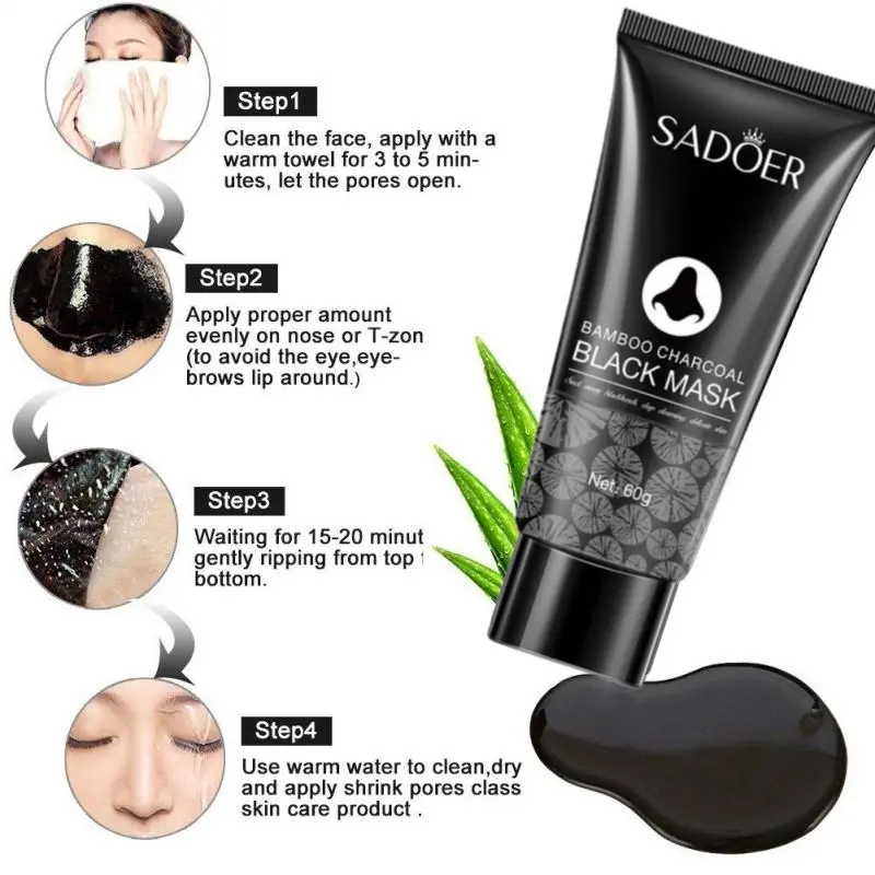 SADOER Kem Bùn Mụn Đầu Đen Bằng Tre, Mặt Nạ, Kiểm Soát Dầu, Mặt Nạ Lột Màu Đen Than Bùn, Làm Sạch Sâu, Chăm Sóc Da, 4