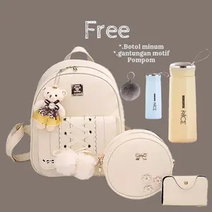 (COD)Tas Ransel Bacpack Pompom Fashion Wanita Korea Ransel Siswa Sekolah Menengah Pertama Sekolah Dasar Dalam Ransel Jepang Free Botol Minum Tas Anak anak