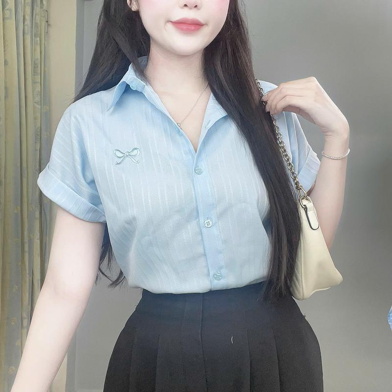 Áo Sơ Mi Nữ Tay Hến Phom rộng thêu nơ chất đũi lụa ý, AMI71