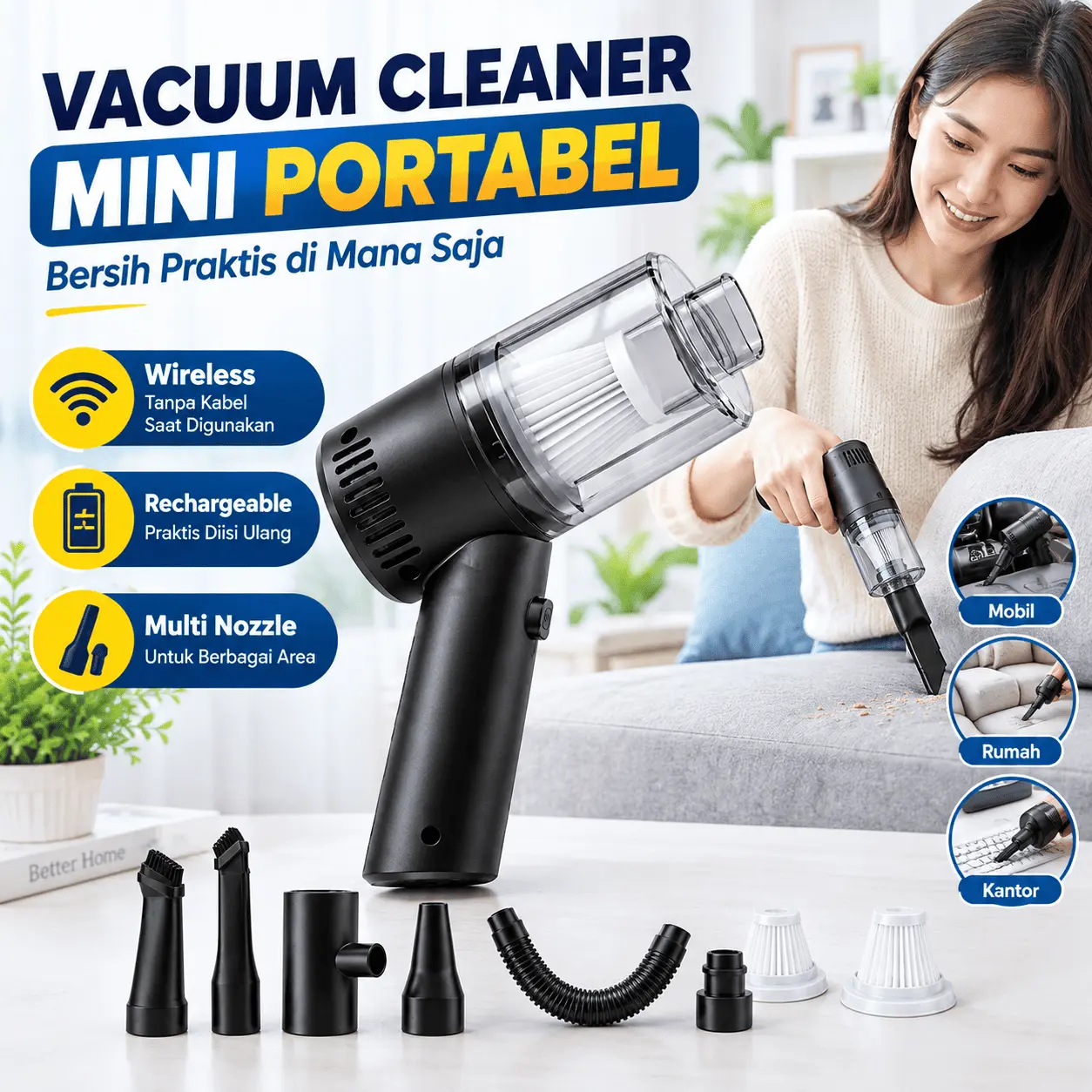 Vacuum Cleaner Portable Mini untuk Mobil Rumah Sofa dan Area Sempit Wireless Rechargeable Multi Nozzle