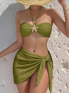 Conjunto de bikini para mujer de color sólido y sexy, traje de baño de 3 piezas con accesorio de estrella de mar dorada, tejido texturizado fruncido, ropa de playa para verano
