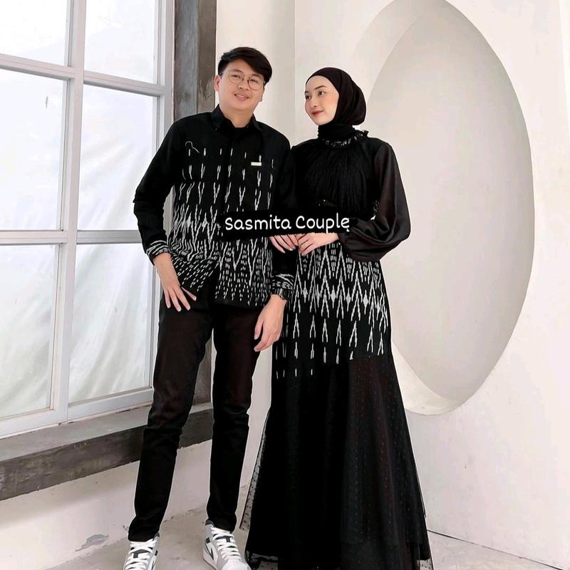 Tenun Outfit Baju Couple Lebaran Model Dress/Gamis & Kemeja Panjang Pasangan Sarimbit Keluarga Muslim Suami Istri Warna Black Hitam Cocok untuk Pesta Kondangan / Lamaran Terbaru 2025 brukat  elegant 0