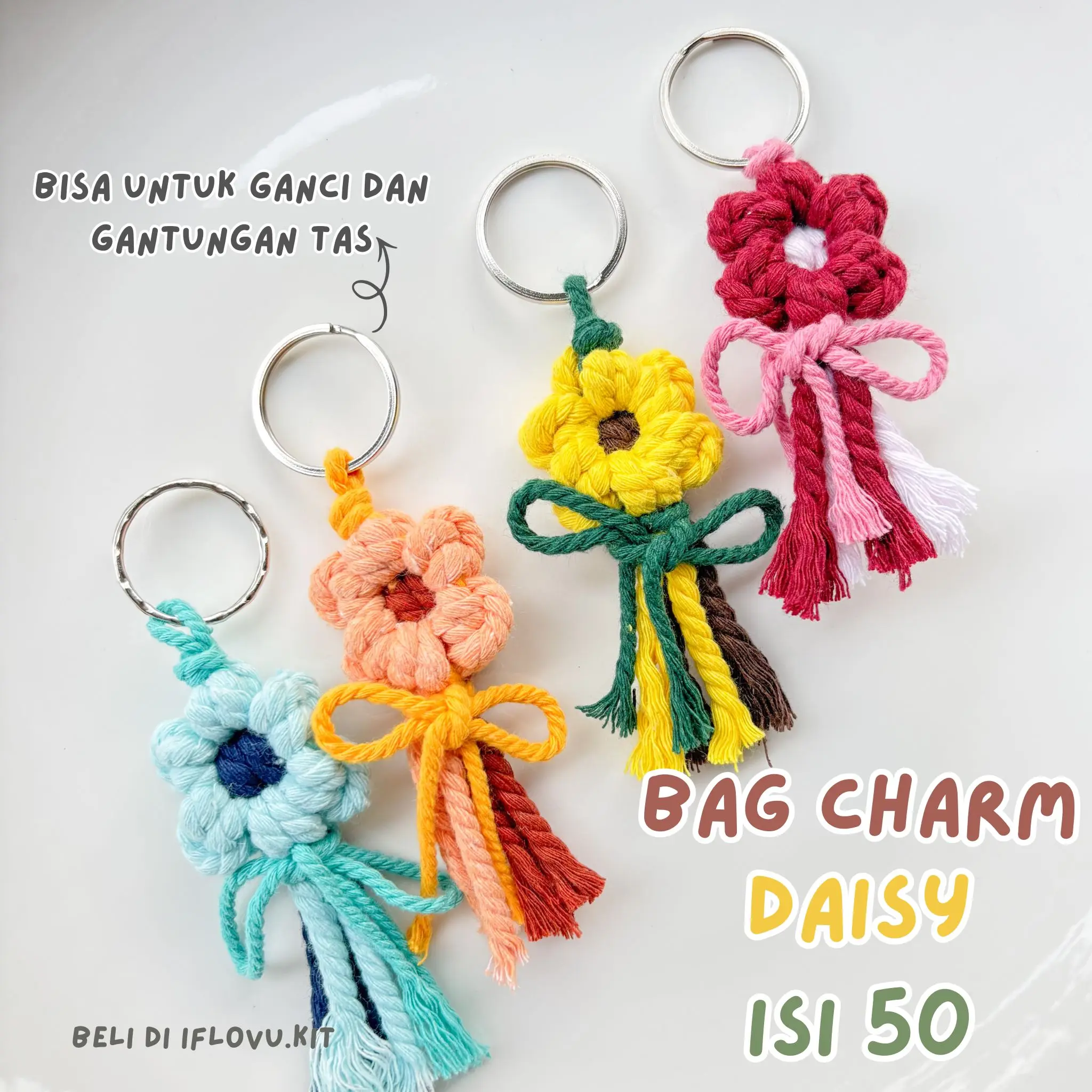 (50 Pcs)  Bagcharm Macrame Daisy Simple Keychain Lucu Aesthetic | Mini Gift Souvenir