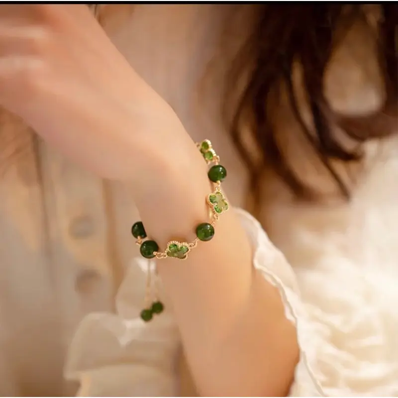 H-girl888 High & quality COD Gelang giok serut hijau bunga titanium Gelang Four Leaf Grass Bracelet 2024Perhiasan Titanium Bracelets Daisy 0