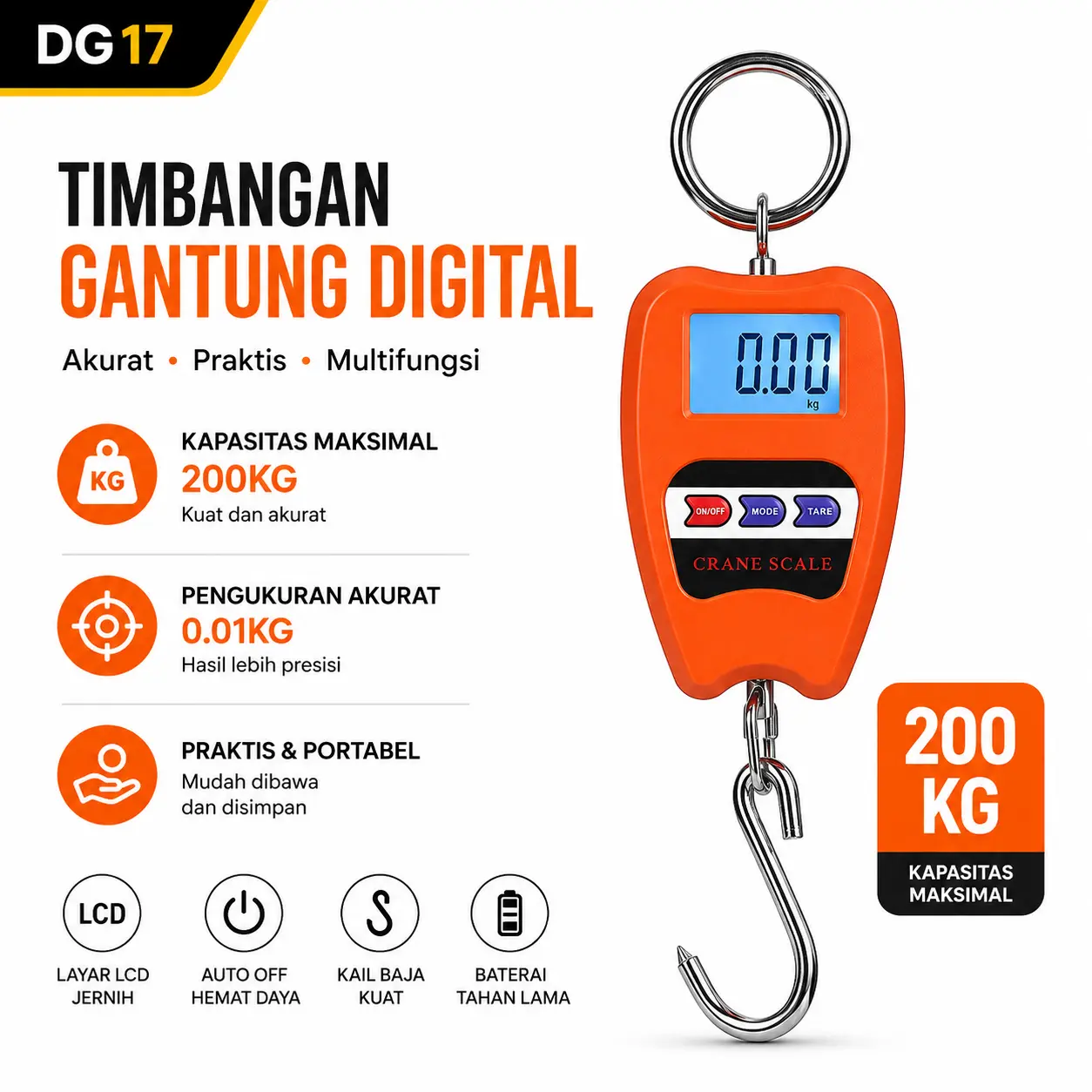 Willstar Timbangan Gantung Digital LCD Koper Tas Industri 200kg 0.05kg - 8088