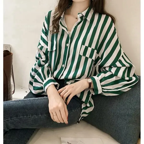 M-4XL plus size Korean style loose stripe shirt for women casual long sleeve blouse tops