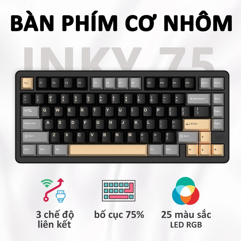 ELECFOX INKY Bàn phím cơ nhôm | Vỏ nhôm nguyên khối 6063, Layout 75%, Bàn phím chơi game, Kết nối 3 chế độ Có dây/Bluetooth 5.0/Không dây, 17 hiệu ứng đèn RGB, Hot-swap switch, Pin dung lượng lớn 4000mAh