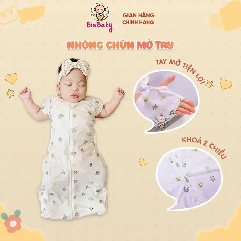 Nhộng chũn mở tay Binbaby cho bé – Vải thoáng khí co giãn 4 chiều – Giúp bé ngủ ngon, giảm giật mình 1