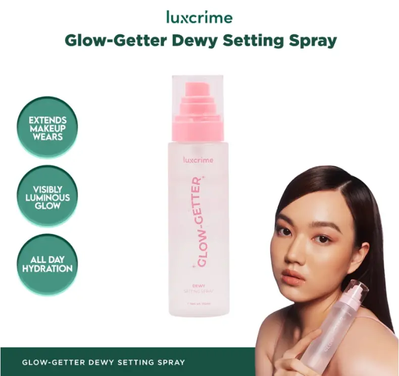 Luxcrime Glow-Getter Dewy Setting Spray - Makeup Tahan Lama Transferproof & Melembabkan Kulit 24 Jam