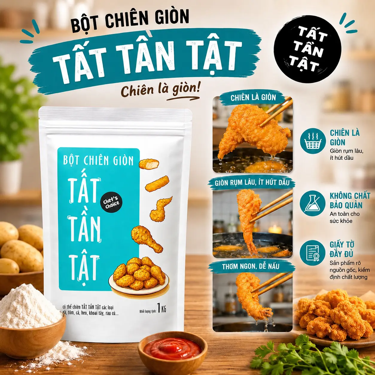 Bột chiên giòn TẤT TẦN TẬT - Chiên đa năng giòn rụm tất cả mọi loại thực phẩm - Nguyên liệu tự nhiên