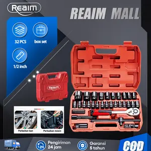 REAIM Kunci Set Lengkap 32 PCS REAIM dengan Sok Kunci Shock dan Toolbox Perkakas Mobil Motor untuk Bongkar Pasang Baut Roda Mesin Servis Harian Bengkel Rumah Tangga Semua Ukuran Socket Lengkap Portable Kualitas Profesional