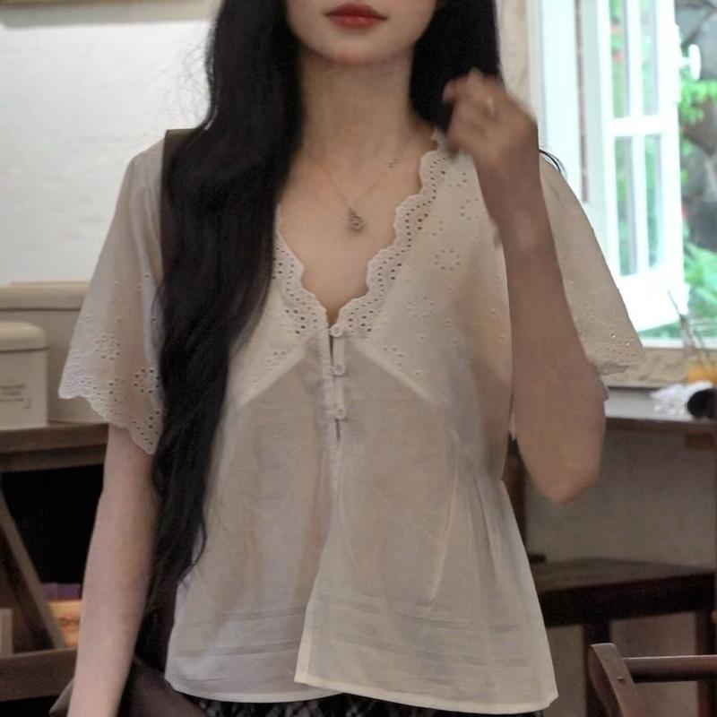   SMOR ROOM  Áo sơ mi kiểu nữ phối hoa thêu cotton SORA 