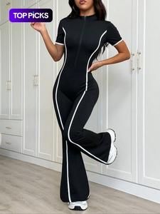 Mono de yoga de punto con forro de vellón para otoño invierno, cierre de colorblock para mujer, manga larga ajustado, casual y de moda, pantalones jogger