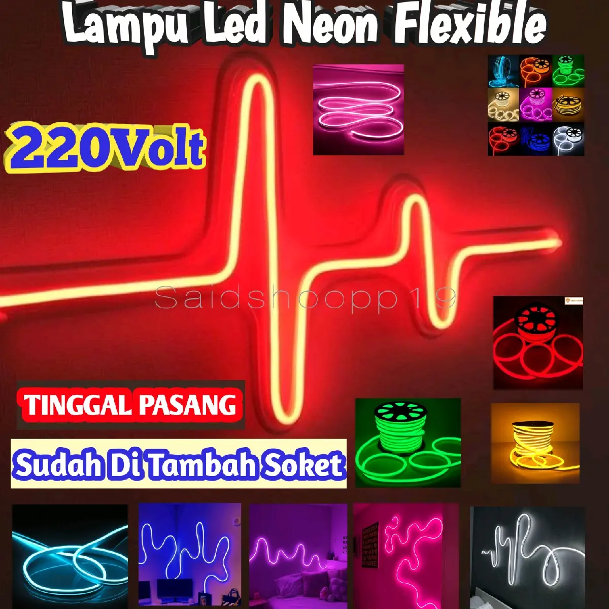 Lampu Led Neon Flex 220V 1 2 3 4 5M sudah+soket Lampu Detak Jantung Variasi Kamar Pelapon Aesthetic